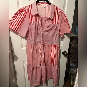 Red and White Striped Button-Up Dress